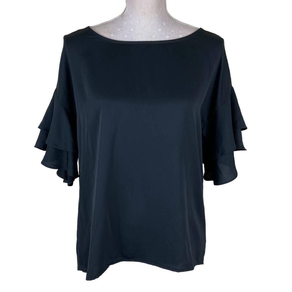 Ella Pearl Ruffled Bell Sleeve Blouse Size M Black Crepe Keyhole Back‎ Flowy Top
